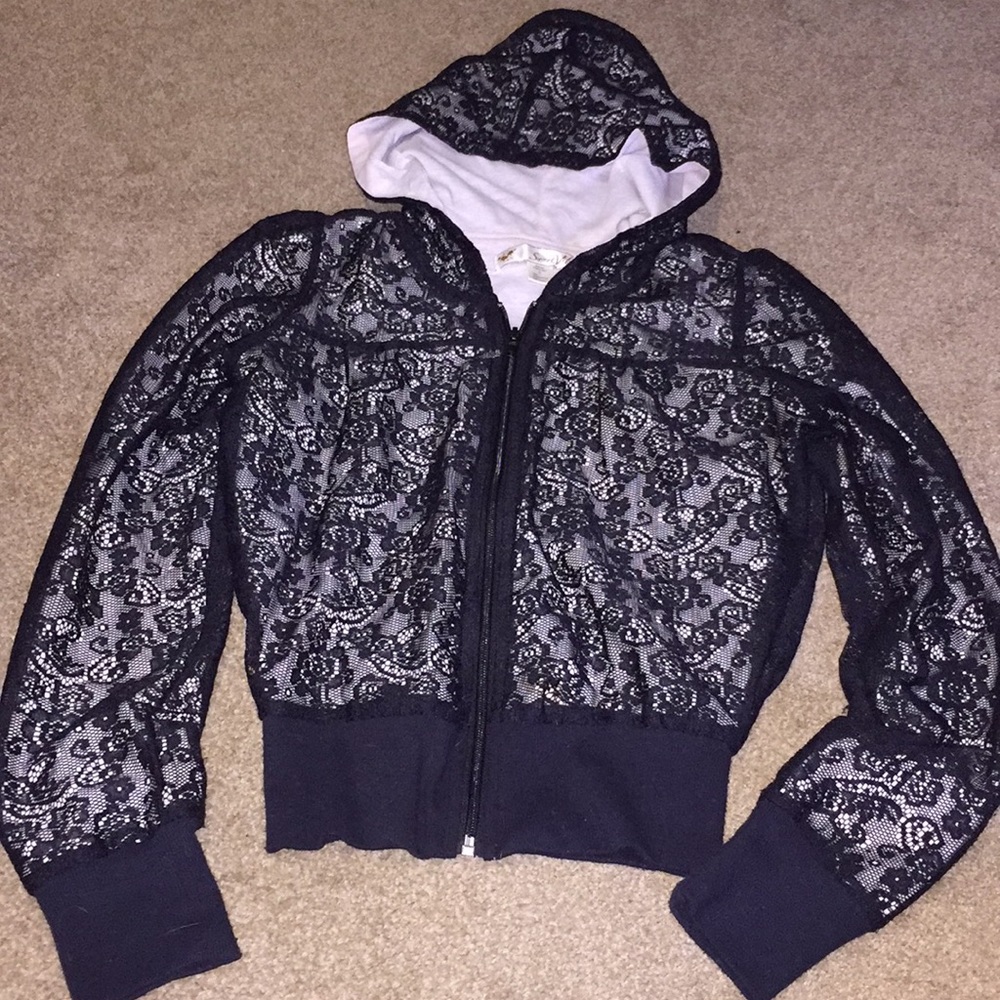 Black lace with light pink under zip up